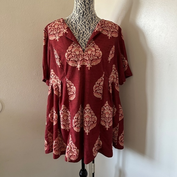 Wayward Fancies eShakti Plus 1X Red Graphic Boho Short Sleeve Tunic Blouse Pleat - Picture 5 of 5